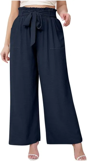 Women's Straight Wide Leg Pants 2025 Summer Lounge High Waisted Palazzo Pants Adjustable Tie Knot Trousers w/Pockets