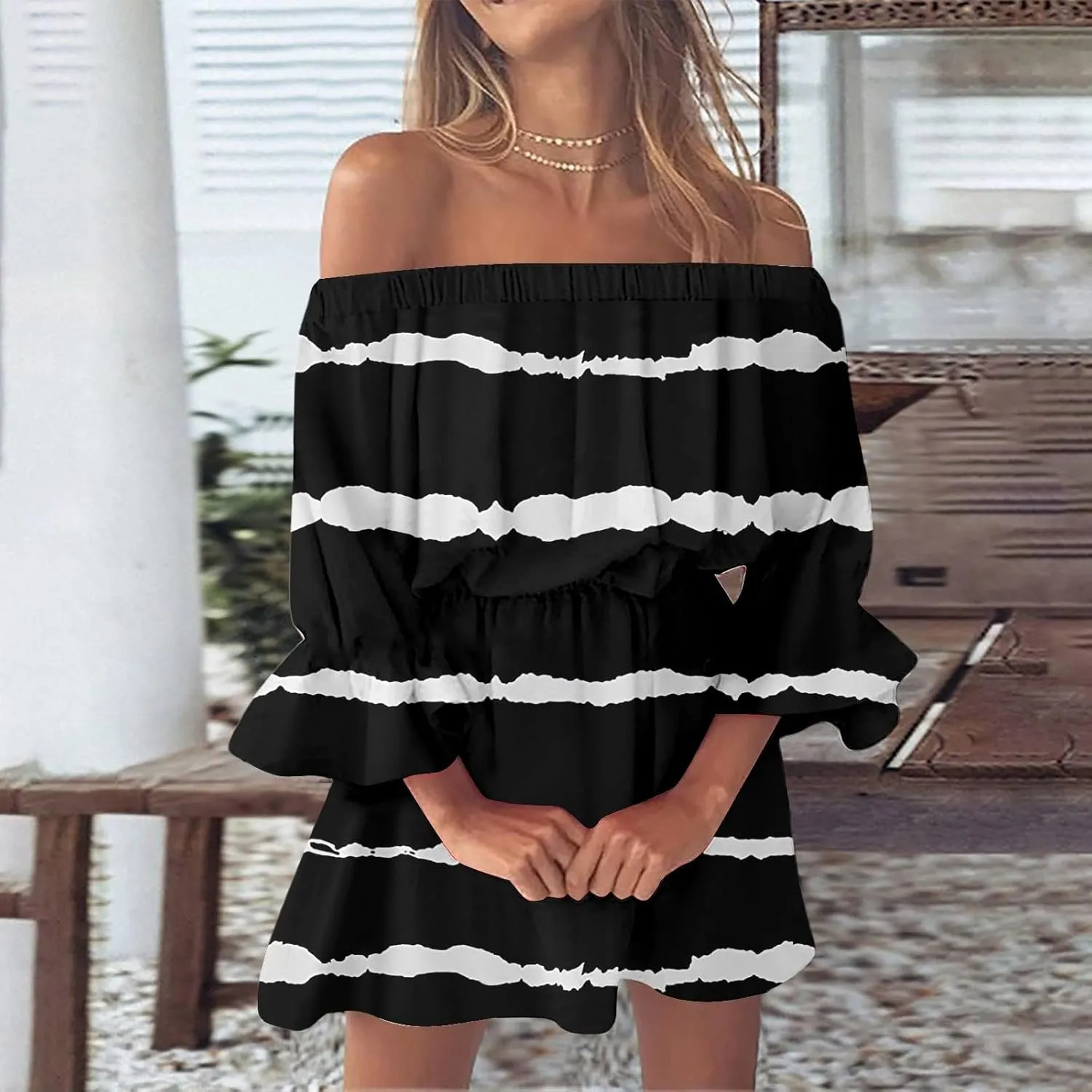 Womens Summer Dresses 2024 Off Shoulder Ruffle Long Sleeve Dress Boho Floral Mini Dress Strapless Short Dress