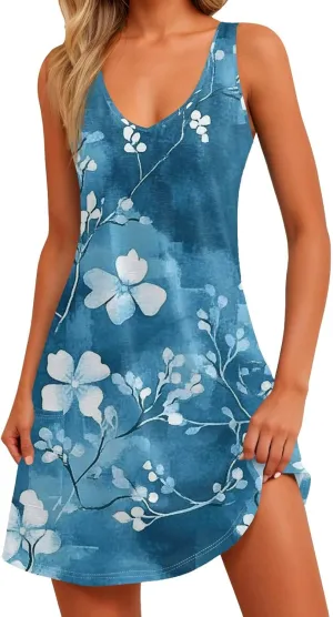 Womens Summer Dresses 2025 Loose V Neck Coverup Sleeveless Sundresses Beach Swimsuit with Pockets Floral/Plain