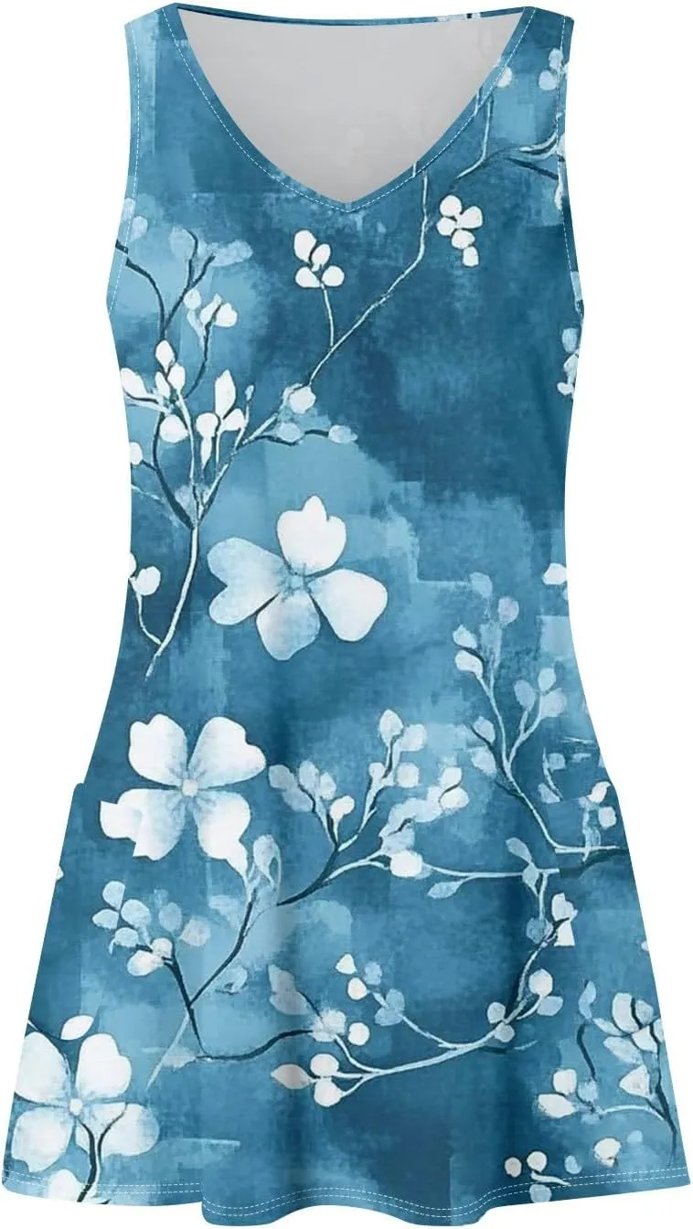 Womens Summer Dresses 2025 Loose V Neck Coverup Sleeveless Sundresses Beach Swimsuit with Pockets Floral/Plain