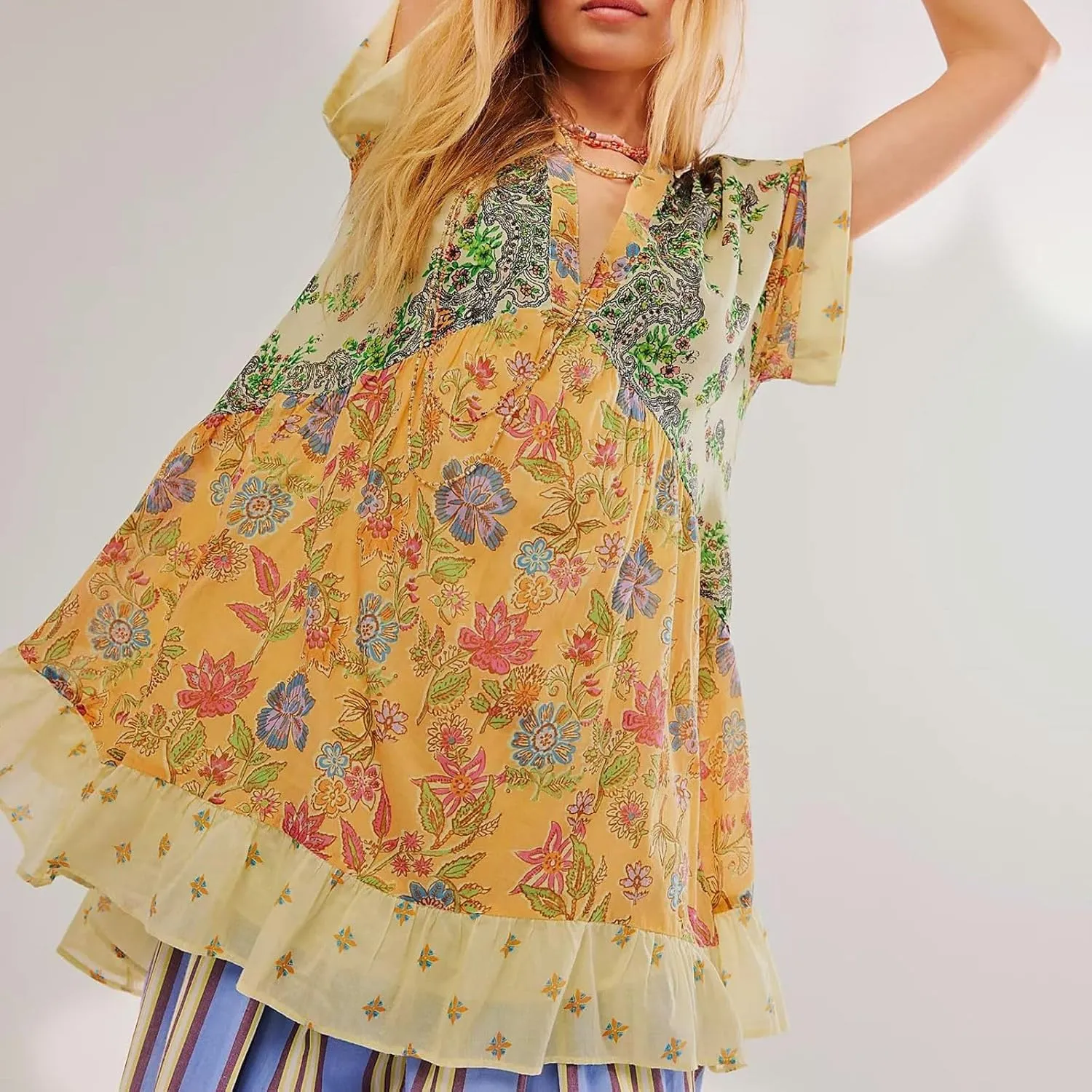 Womens Summer Dresses Short Sleeve V Neck Casual Beach Dresses Vintage Boho Dress A-Line Swing Mini Babydoll Dress