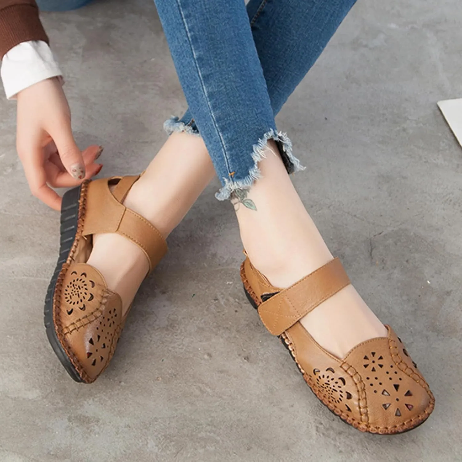Women's Summer Leather Closed Toe Flats Sandals,Comfort Cutout Non-Slip Soft Sole Oxford Dress Casual Mary Jane Shoes