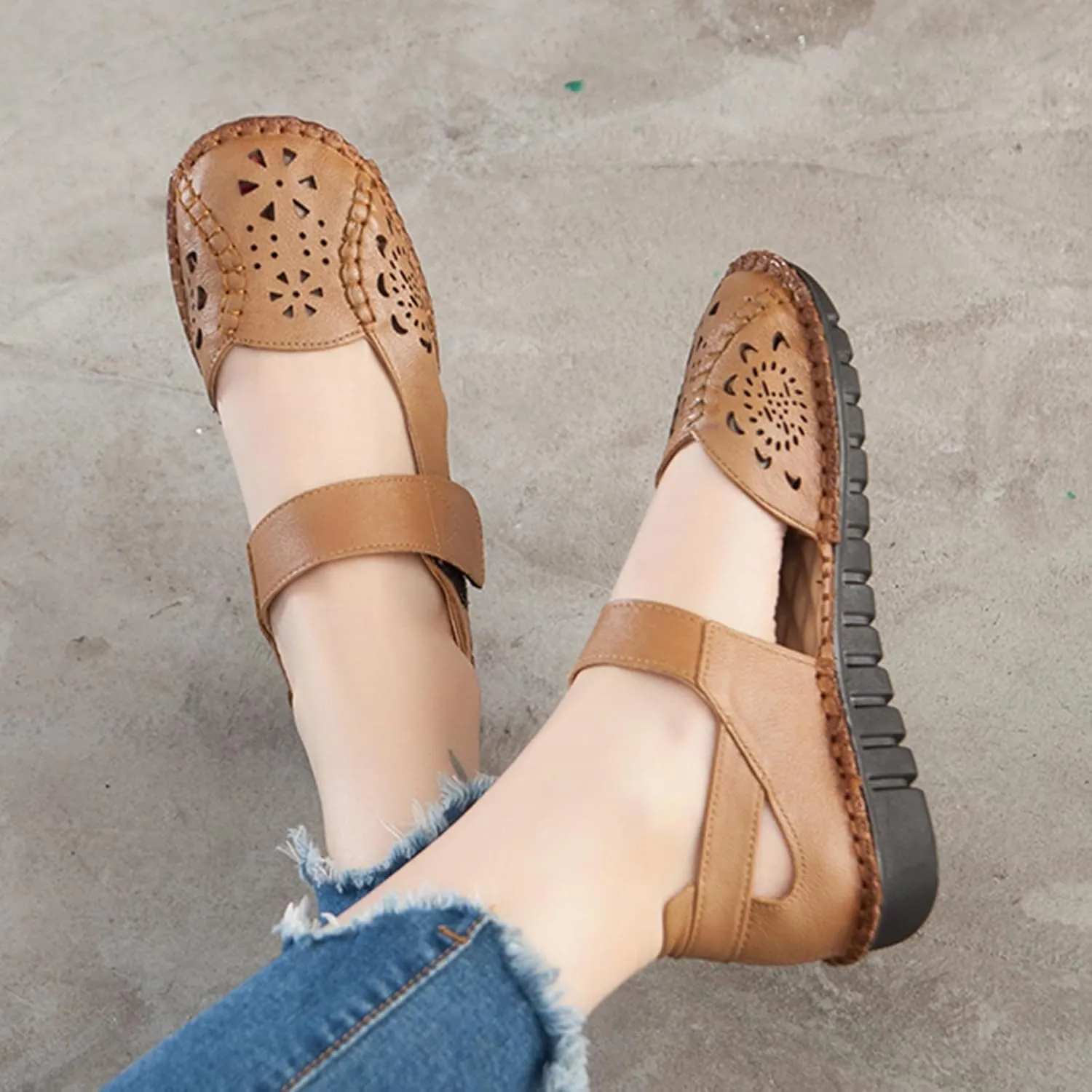 Women's Summer Leather Closed Toe Flats Sandals,Comfort Cutout Non-Slip Soft Sole Oxford Dress Casual Mary Jane Shoes