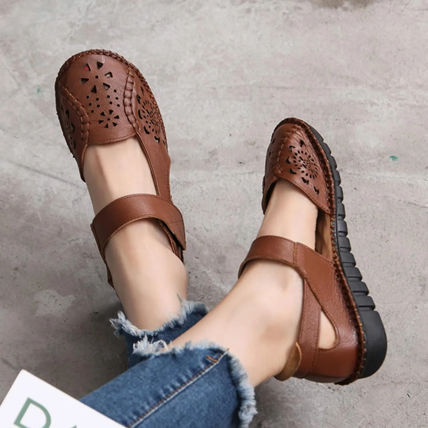 Women's Summer Leather Closed Toe Flats Sandals,Comfort Cutout Non-Slip Soft Sole Oxford Dress Casual Mary Jane Shoes