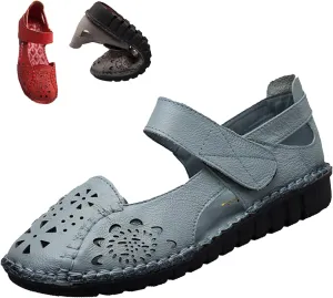 Women's Summer Leather Closed Toe Flats Sandals,Comfort Cutout Non-Slip Soft Sole Oxford Dress Casual Mary Jane Shoes