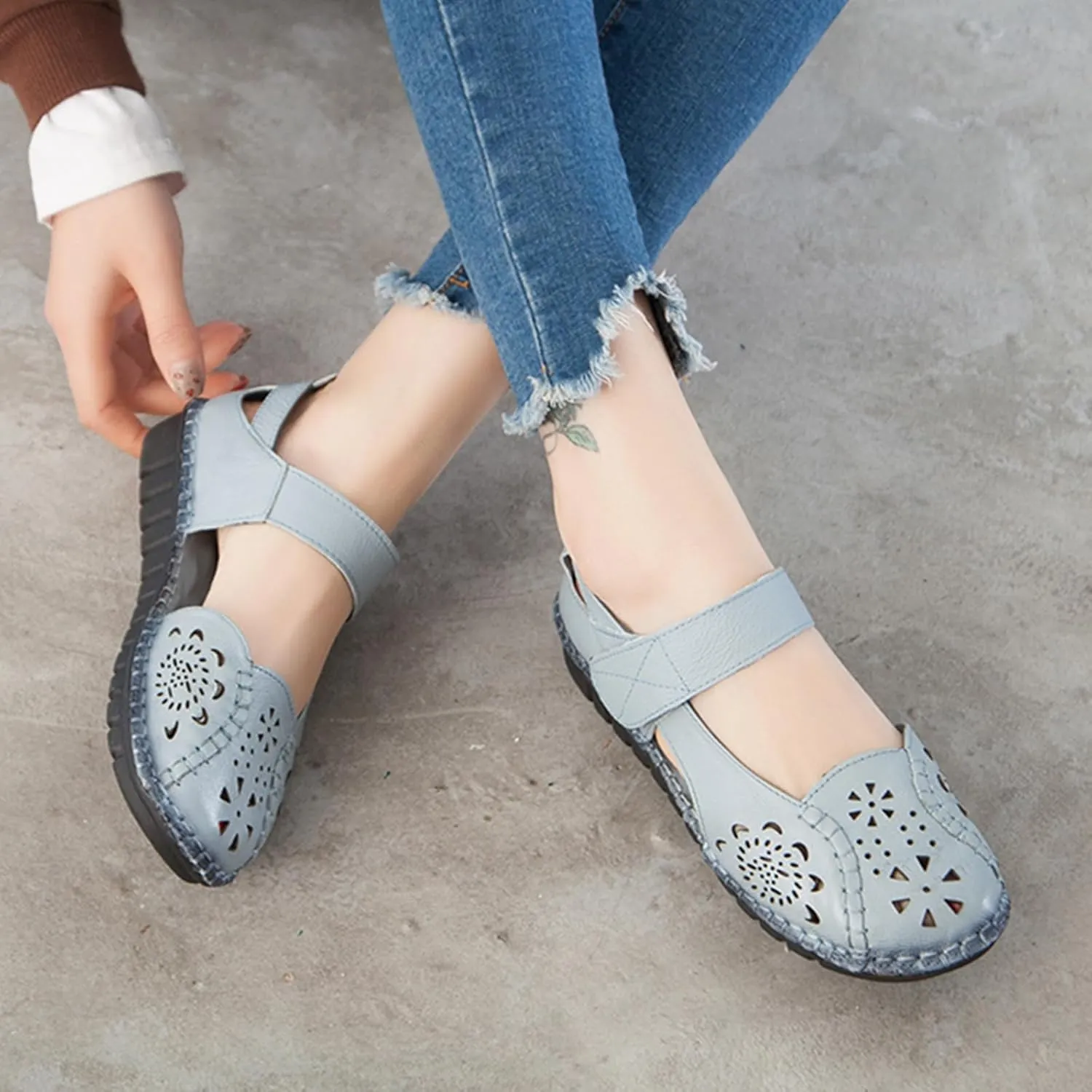 Women's Summer Leather Closed Toe Flats Sandals,Comfort Cutout Non-Slip Soft Sole Oxford Dress Casual Mary Jane Shoes