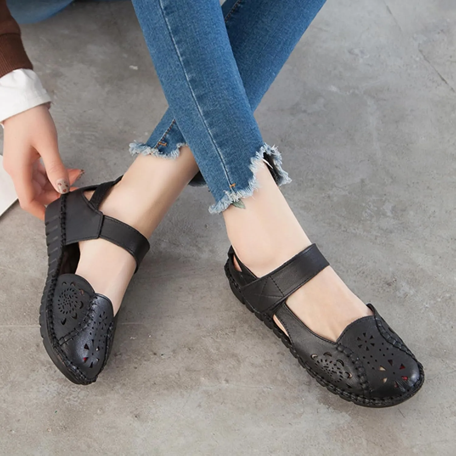 Women's Summer Leather Closed Toe Flats Sandals,Comfort Cutout Non-Slip Soft Sole Oxford Dress Casual Mary Jane Shoes