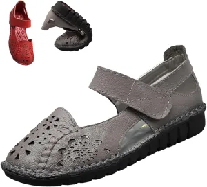 Women's Summer Leather Closed Toe Flats Sandals,Comfort Cutout Non-Slip Soft Sole Oxford Dress Casual Mary Jane Shoes