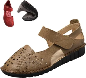 Women's Summer Leather Closed Toe Flats Sandals,Comfort Cutout Non-Slip Soft Sole Oxford Dress Casual Mary Jane Shoes