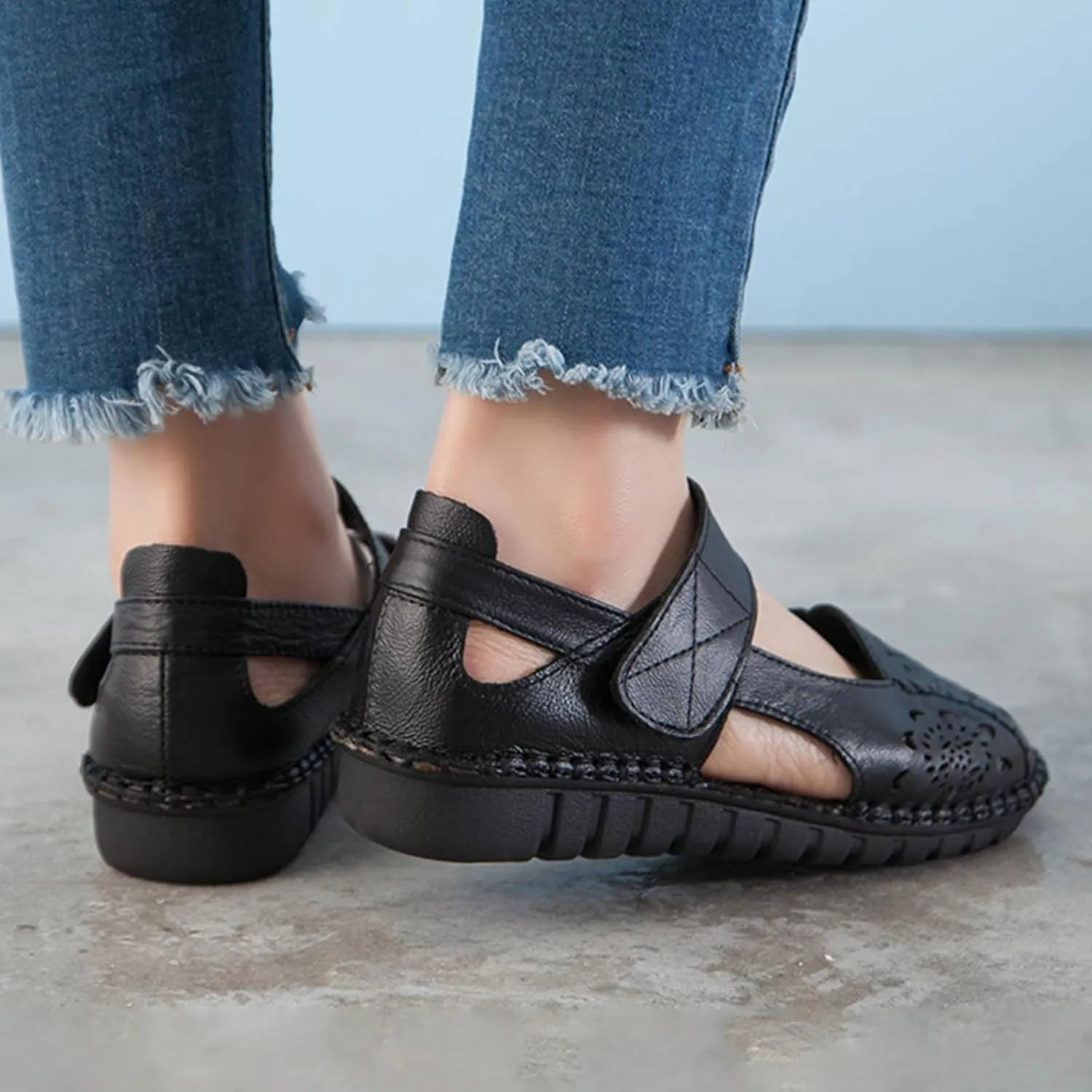 Women's Summer Leather Closed Toe Flats Sandals,Comfort Cutout Non-Slip Soft Sole Oxford Dress Casual Mary Jane Shoes