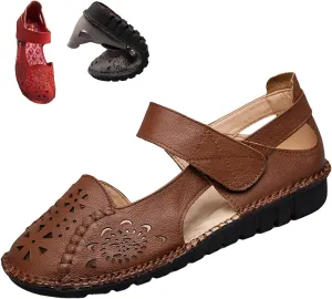 Women's Summer Leather Closed Toe Flats Sandals,Comfort Cutout Non-Slip Soft Sole Oxford Dress Casual Mary Jane Shoes