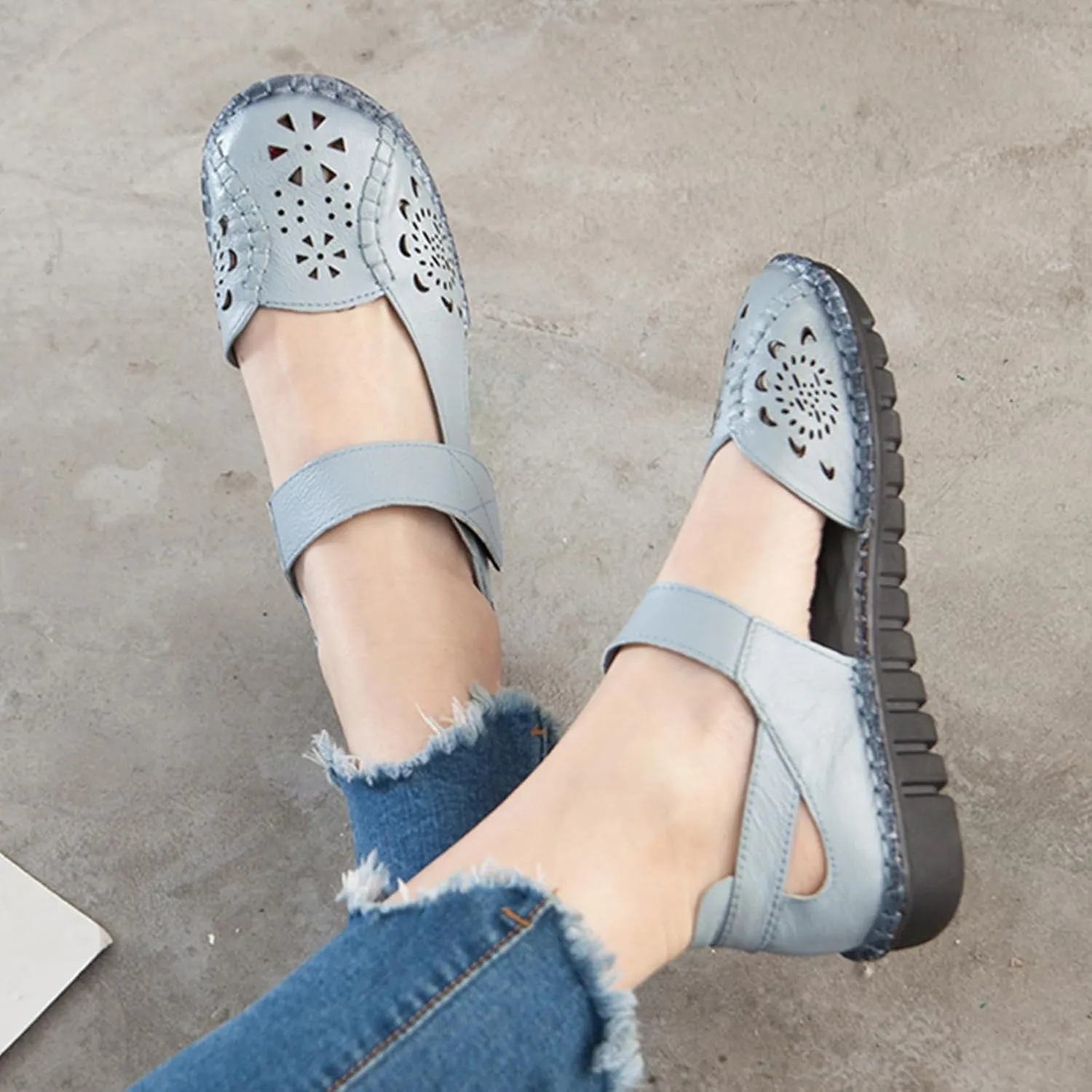 Women's Summer Leather Closed Toe Flats Sandals,Comfort Cutout Non-Slip Soft Sole Oxford Dress Casual Mary Jane Shoes