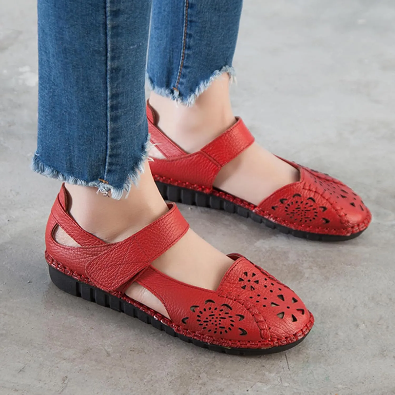 Women's Summer Leather Closed Toe Flats Sandals,Comfort Cutout Non-Slip Soft Sole Oxford Dress Casual Mary Jane Shoes
