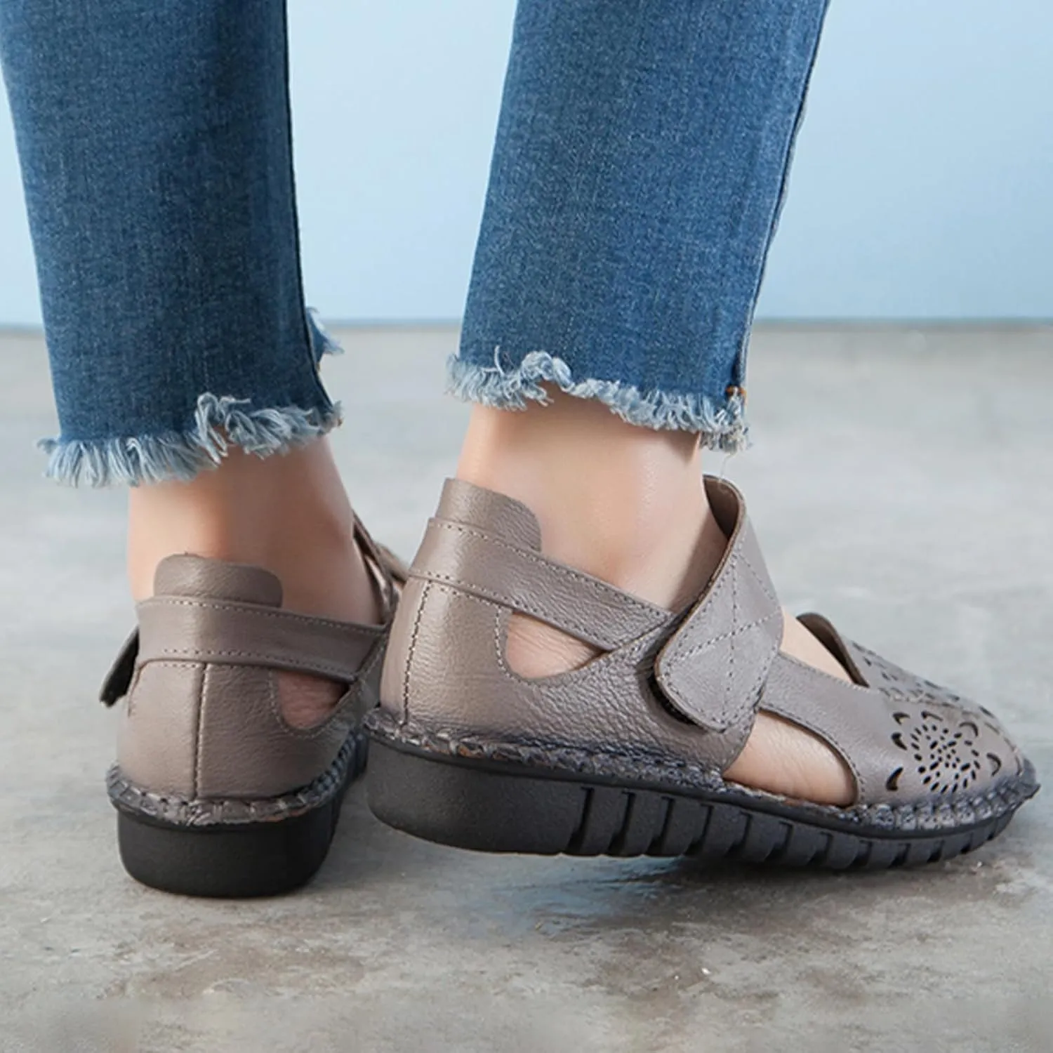 Women's Summer Leather Closed Toe Flats Sandals,Comfort Cutout Non-Slip Soft Sole Oxford Dress Casual Mary Jane Shoes