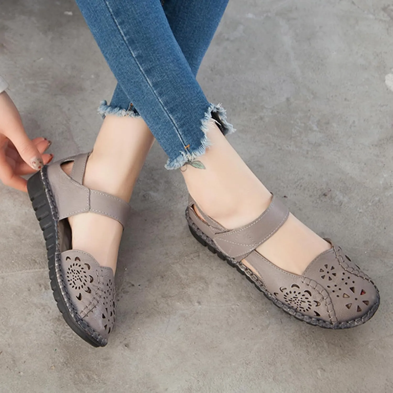 Women's Summer Leather Closed Toe Flats Sandals,Comfort Cutout Non-Slip Soft Sole Oxford Dress Casual Mary Jane Shoes