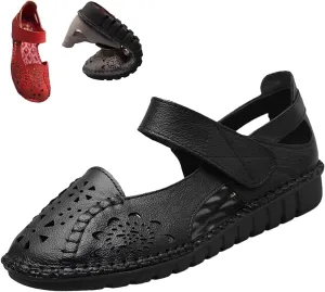 Women's Summer Leather Closed Toe Flats Sandals,Comfort Cutout Non-Slip Soft Sole Oxford Dress Casual Mary Jane Shoes