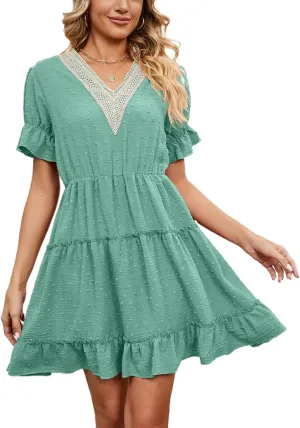 Womens Summer Mini Dress Chiffon Cutout Ruffle V-Neck Puff Sleeve Dresses Swiss Dot Boho Sundresses