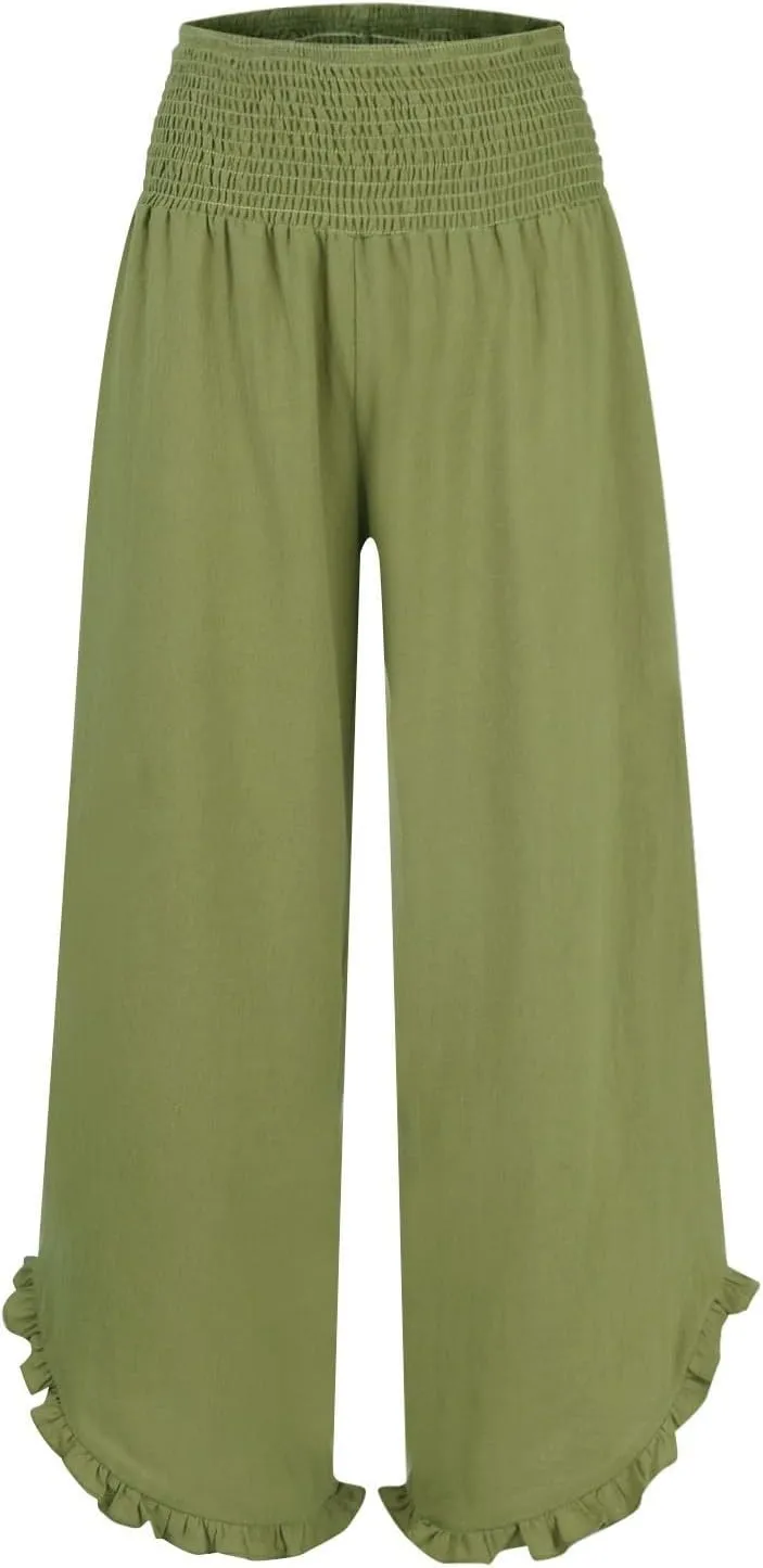 Womens Summer Pants Wide Leg Casual Linen Elastic high Waisted Pants Flowy Ruffle Hem Solid 2025 Trouser Pocket Trendy