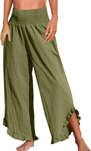 Womens Summer Pants Wide Leg Casual Linen Elastic high Waisted Pants Flowy Ruffle Hem Solid 2025 Trouser Pocket Trendy