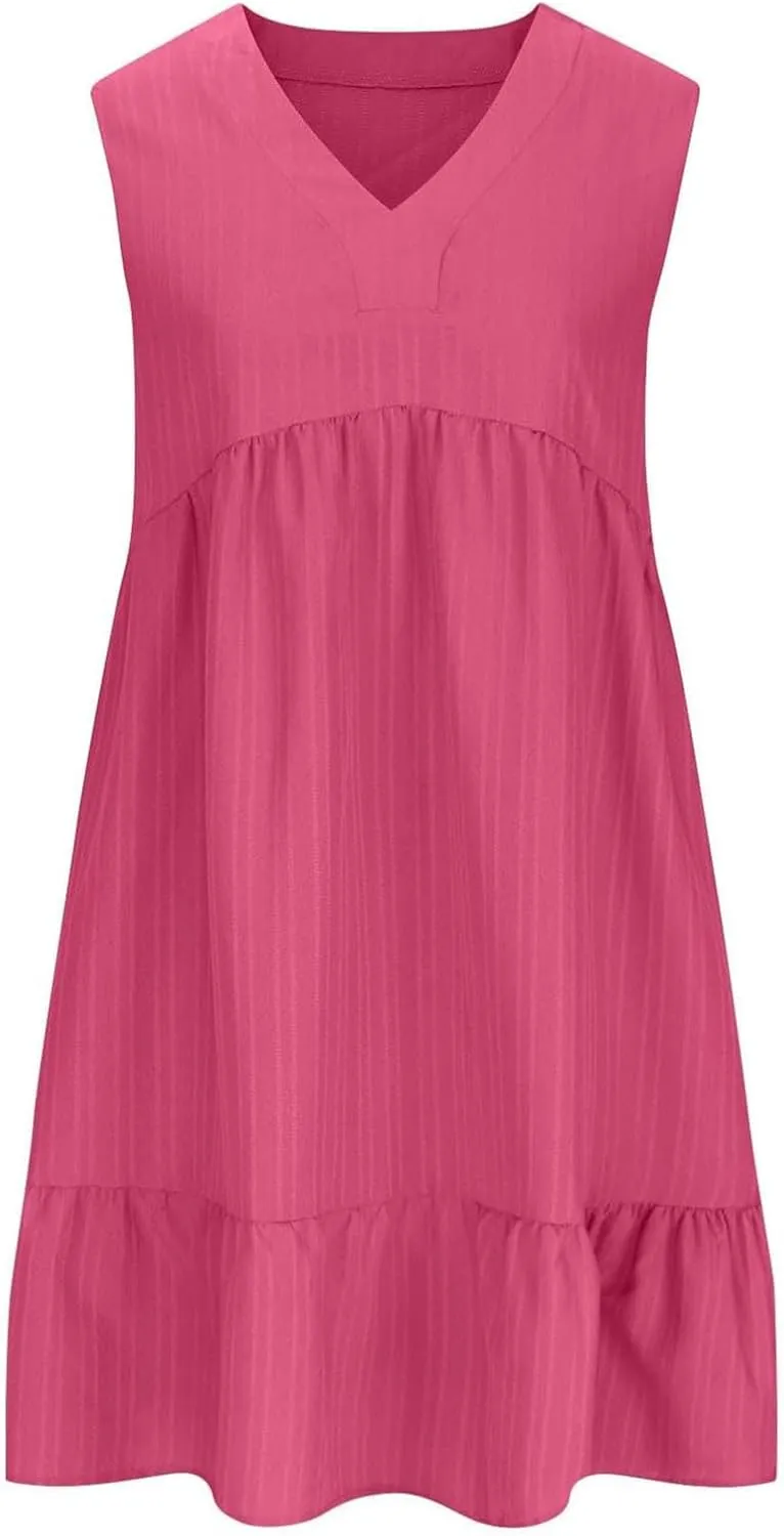 Womens Summer Short Sleeve Dresses V Neck Casual Solid Ruffle Tiered Layered Flowy A-Line Dress 2025 Beach Vacation