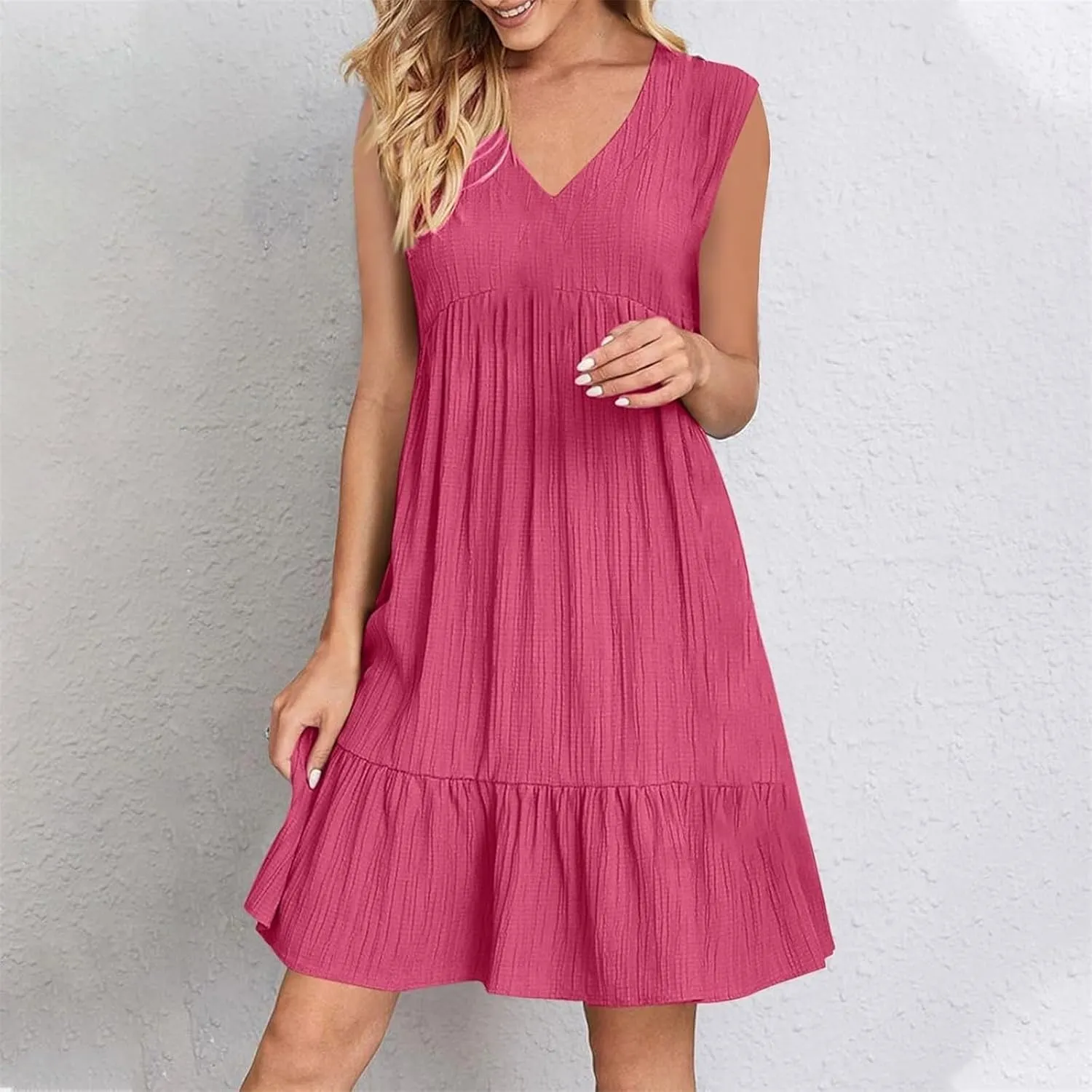 Womens Summer Short Sleeve Dresses V Neck Casual Solid Ruffle Tiered Layered Flowy A-Line Dress 2025 Beach Vacation