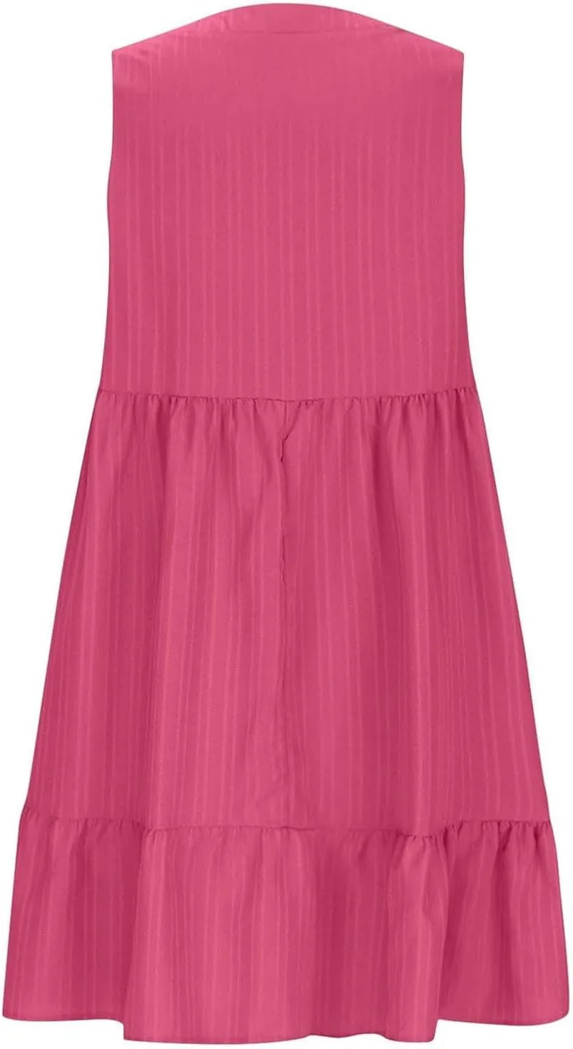 Womens Summer Short Sleeve Dresses V Neck Casual Solid Ruffle Tiered Layered Flowy A-Line Dress 2025 Beach Vacation