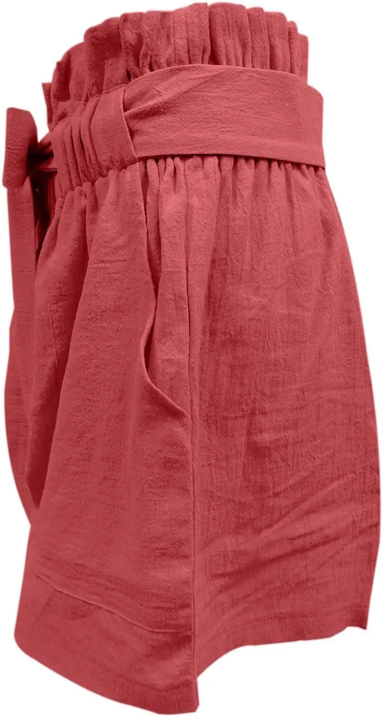 Women's Summer Shorts with Pockets Ruffle Hem and Bow Tie Waistband Casual High Waisted Under Skirt Shorts for