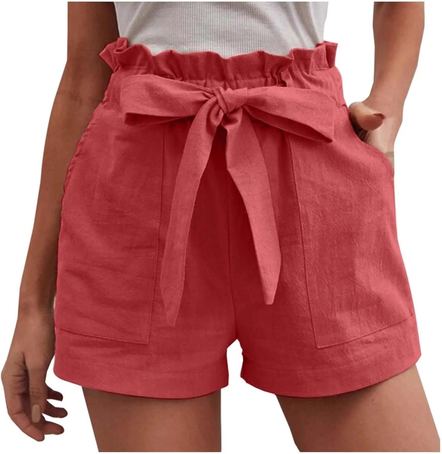 Women's Summer Shorts with Pockets Ruffle Hem and Bow Tie Waistband Casual High Waisted Under Skirt Shorts for
