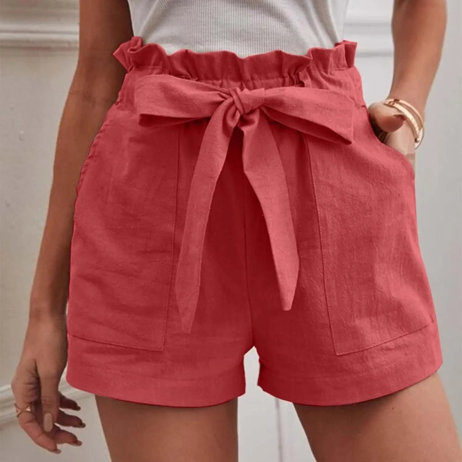 Women's Summer Shorts with Pockets Ruffle Hem and Bow Tie Waistband Casual High Waisted Under Skirt Shorts for