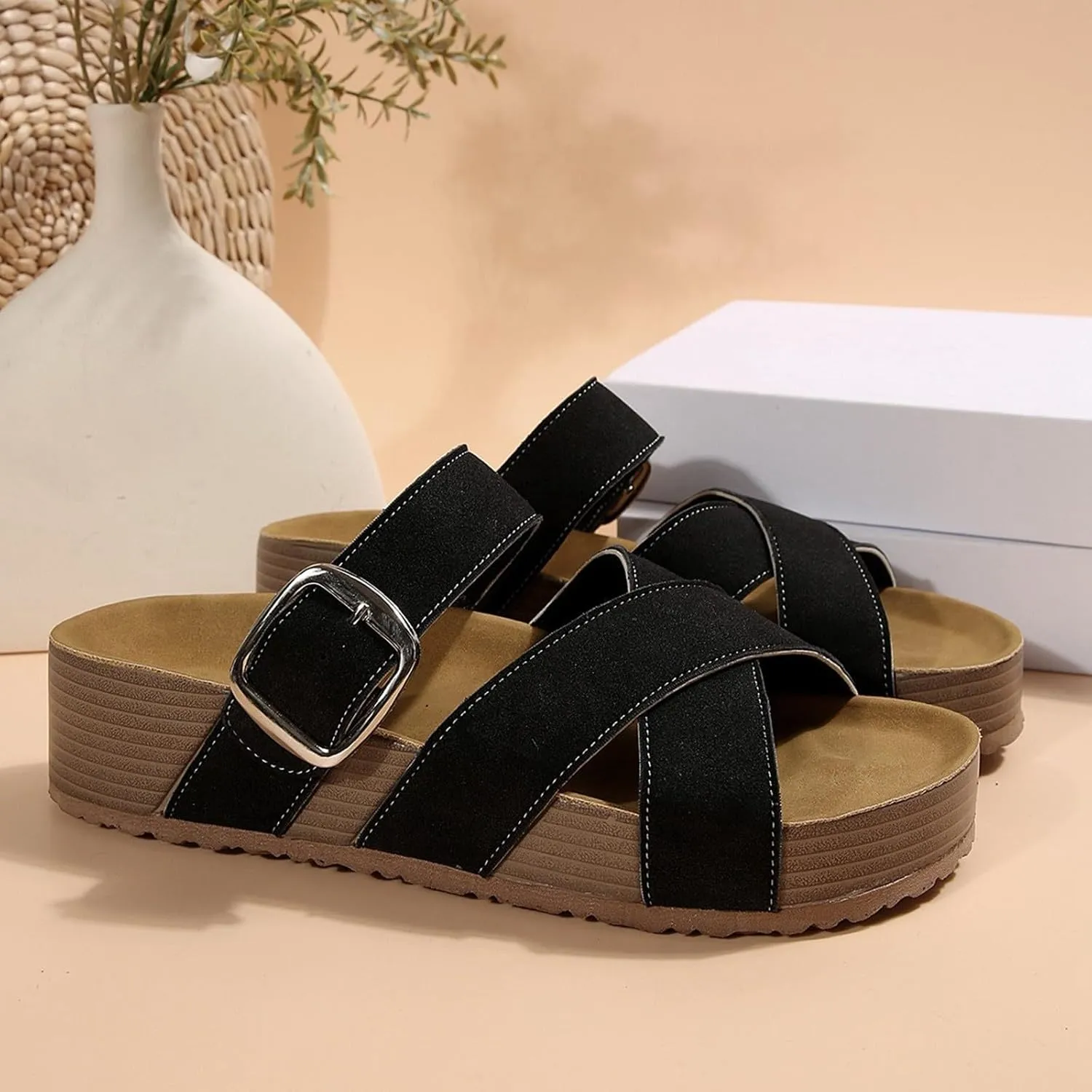 Women's Summer Slide Sandals Comfortable Thick Platform Wide Fit Flat Strappy Casual Beach Vacation Footwear