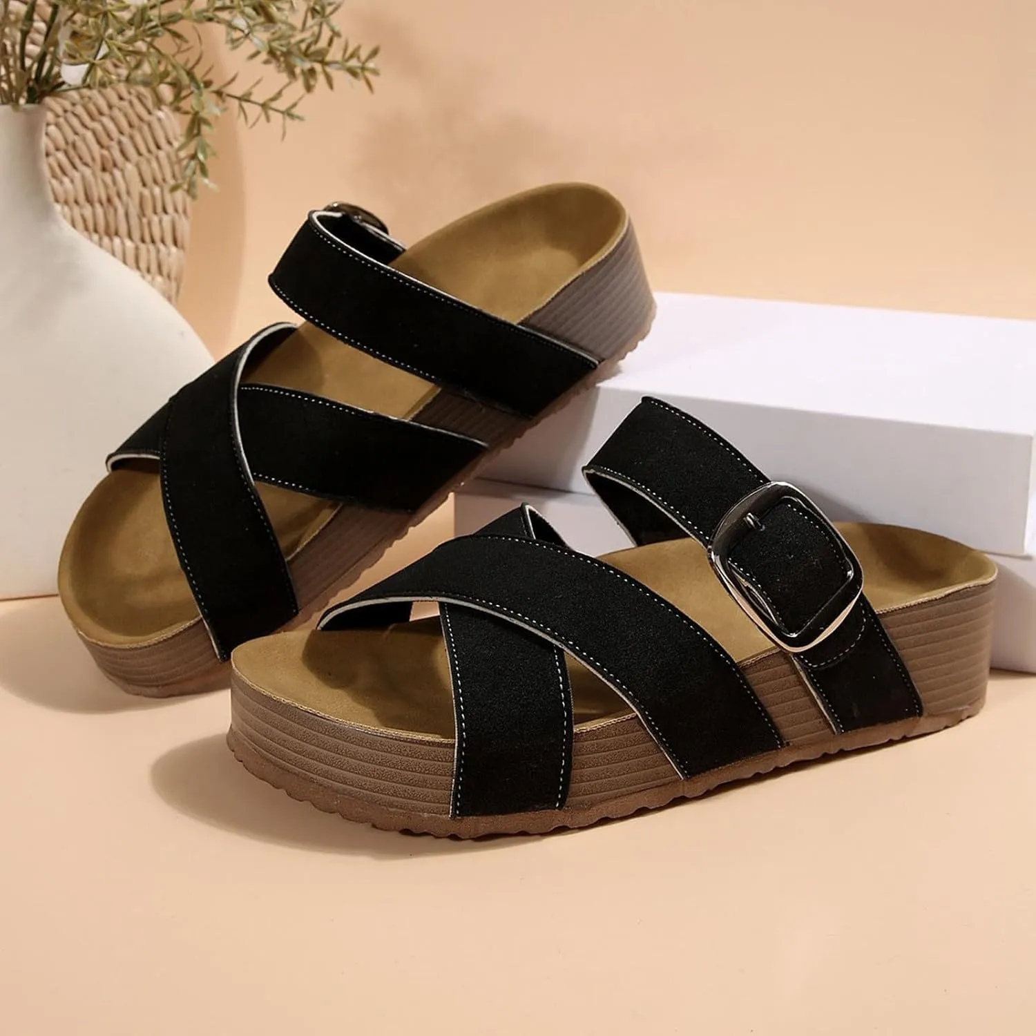 Women's Summer Slide Sandals Comfortable Thick Platform Wide Fit Flat Strappy Casual Beach Vacation Footwear