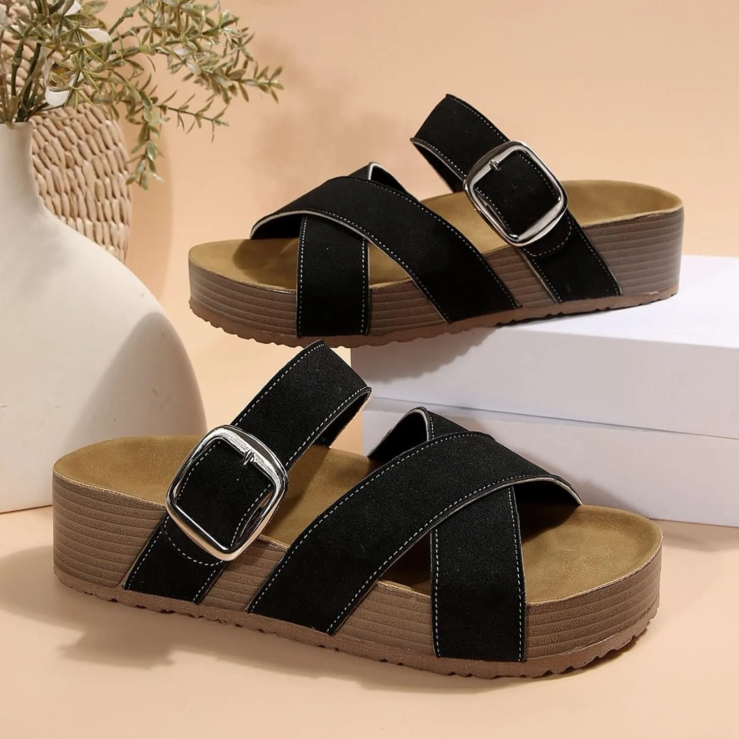 Women's Summer Slide Sandals Comfortable Thick Platform Wide Fit Flat Strappy Casual Beach Vacation Footwear