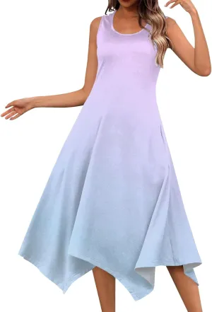 Womens Sun Dress Women's Summer 2025 Round Neck Midi Dress Sleeveless Gradient Floral Printed Beach Tank Dresses
