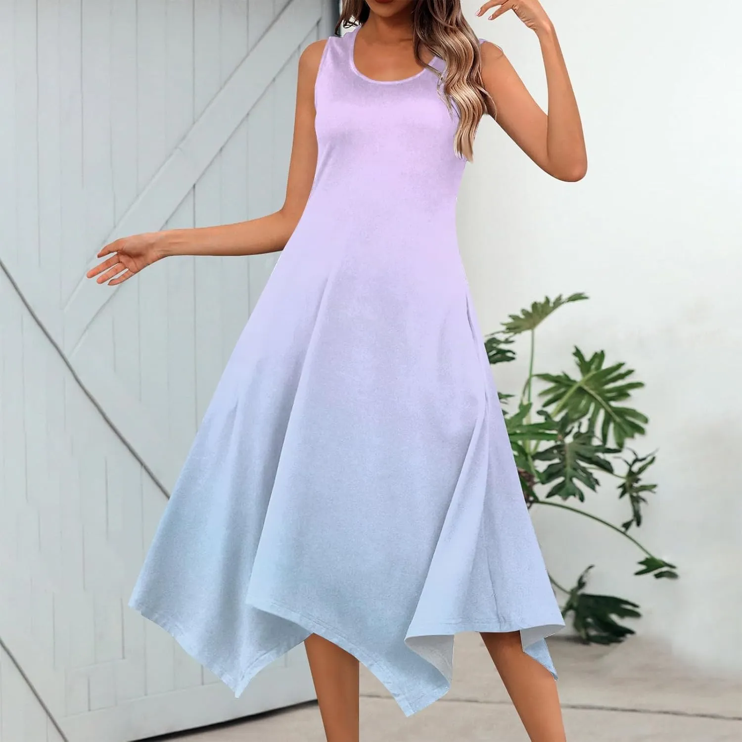 Womens Sun Dress Women's Summer 2025 Round Neck Midi Dress Sleeveless Gradient Floral Printed Beach Tank Dresses