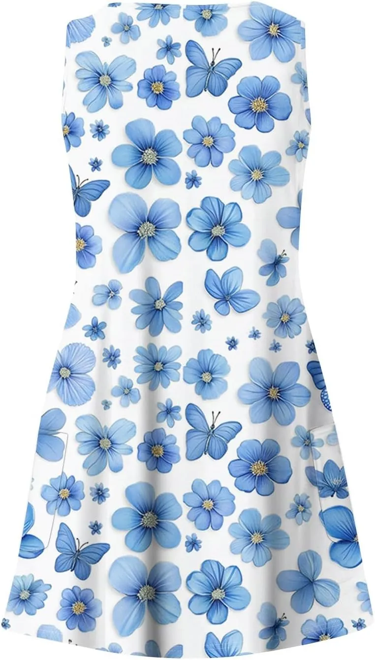 Women's Sun Dresses Summer Casual V Neck Sundresses Boho Tank Dress Beach Vacation Clothes with Pockets