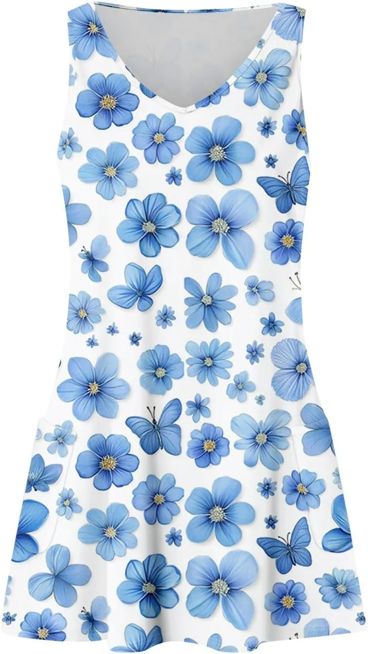 Women's Sun Dresses Summer Casual V Neck Sundresses Boho Tank Dress Beach Vacation Clothes with Pockets