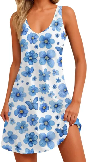 Women's Sun Dresses Summer Casual V Neck Sundresses Boho Tank Dress Beach Vacation Clothes with Pockets