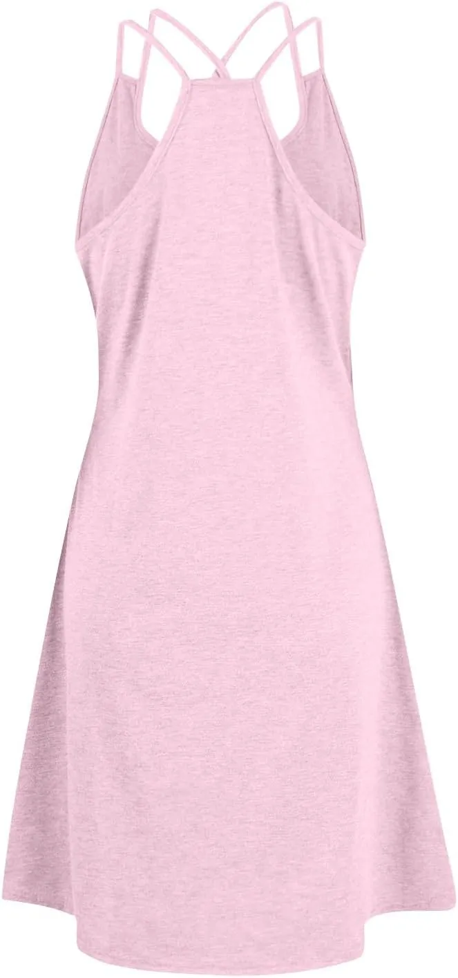Women's Sundresses 2024 Casual Beach Tank Dress Solid Color Sleeveless Midi Sundress with Pocket