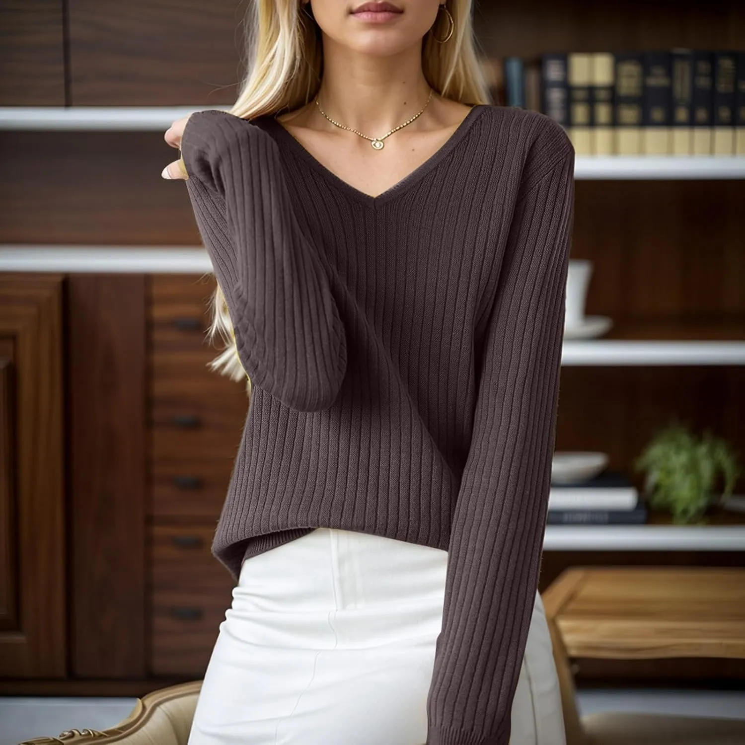 Women's Sweaters 2024 Fall Casual V Neck Solid Color Pullover Sweater Ribbed Slim Fit Basic Clothes Blouses