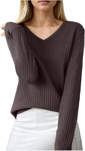 Women's Sweaters 2024 Fall Casual V Neck Solid Color Pullover Sweater Ribbed Slim Fit Basic Clothes Blouses