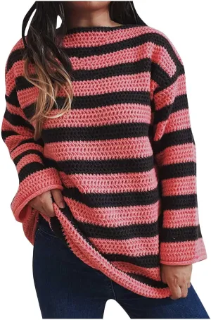 Womens Sweaters Casual Long Sleeve Crewneck Striped Knitted Pullover Tops Trendy Oversize Chunky Knit Sweaters