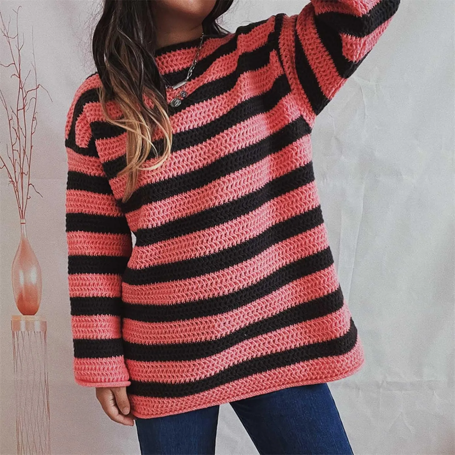 Womens Sweaters Casual Long Sleeve Crewneck Striped Knitted Pullover Tops Trendy Oversize Chunky Knit Sweaters