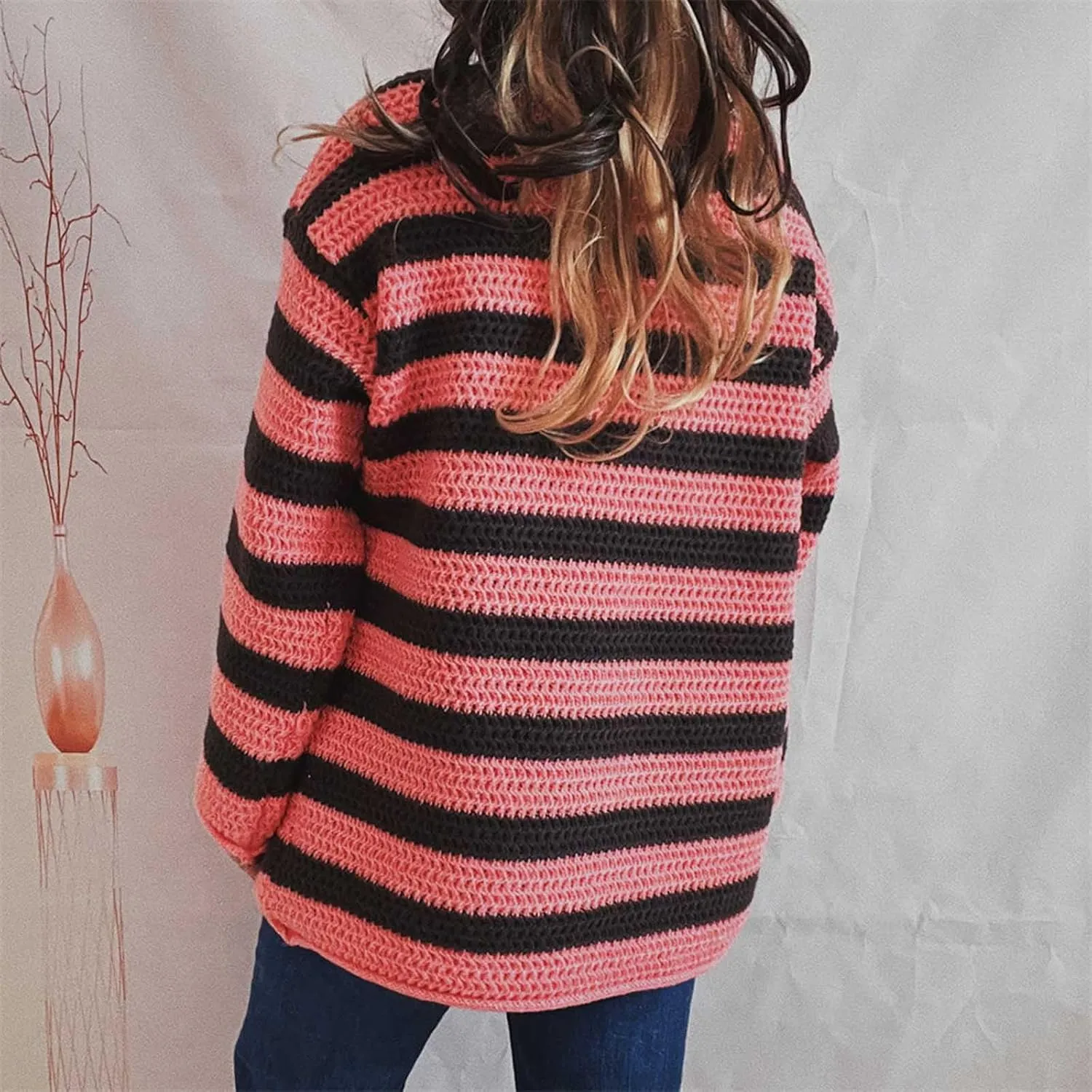 Womens Sweaters Casual Long Sleeve Crewneck Striped Knitted Pullover Tops Trendy Oversize Chunky Knit Sweaters