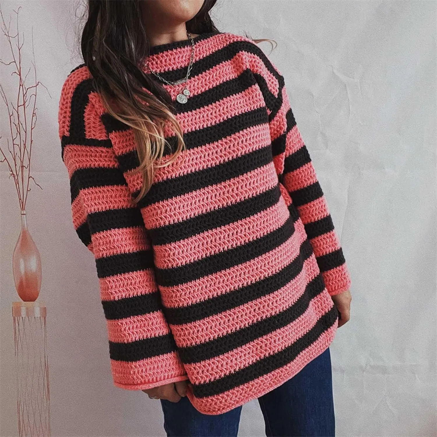 Womens Sweaters Casual Long Sleeve Crewneck Striped Knitted Pullover Tops Trendy Oversize Chunky Knit Sweaters