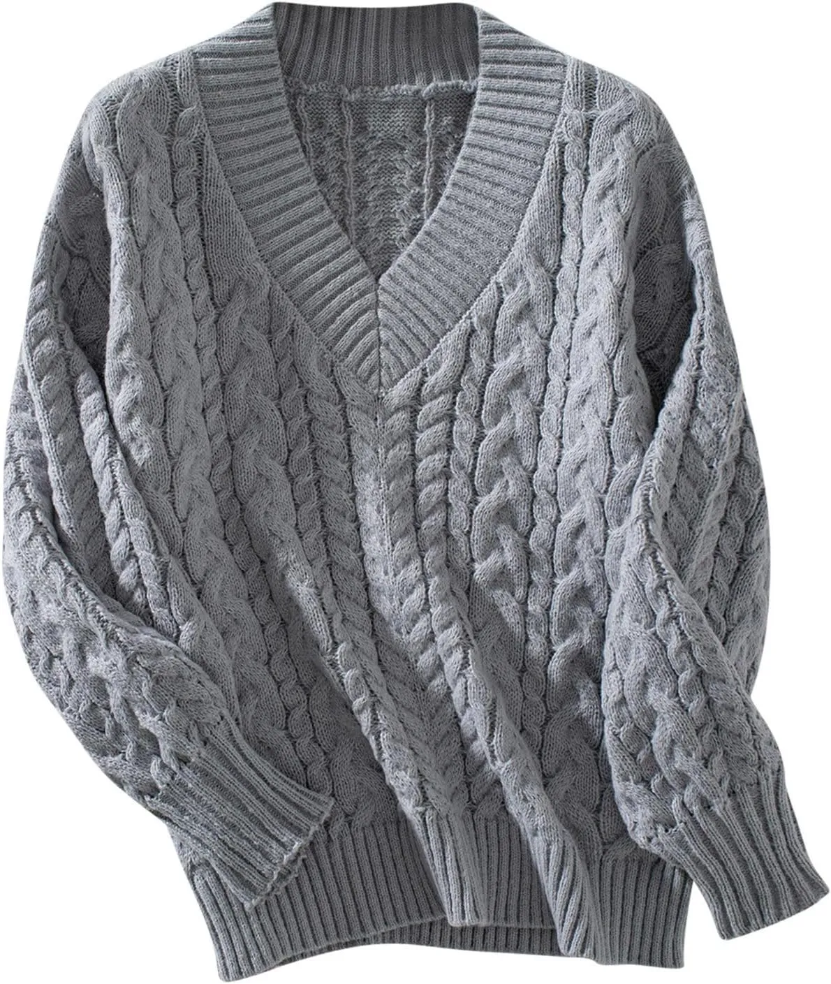 Womens Sweaters Fall 2024 Cable Knit Long Sleeve Crewneck Oversized Knitted Sweater Loose V Neck Chunky Pullover