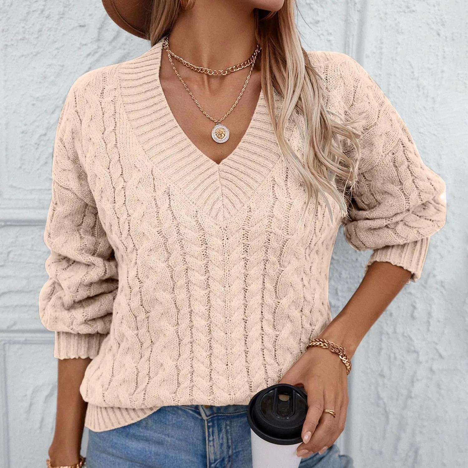 Womens Sweaters Fall 2024 Cable Knit Long Sleeve Crewneck Oversized Knitted Sweater Loose V Neck Chunky Pullover