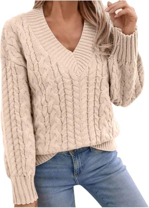 Womens Sweaters Fall 2024 Cable Knit Long Sleeve Crewneck Oversized Knitted Sweater Loose V Neck Chunky Pullover