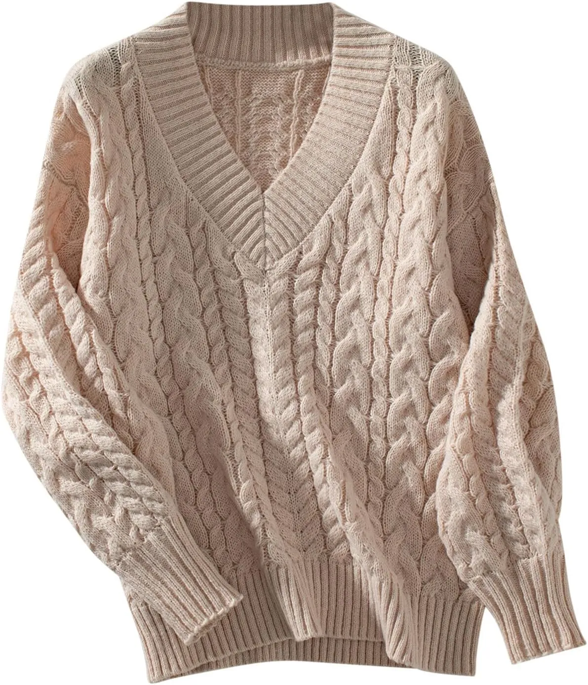 Womens Sweaters Fall 2024 Cable Knit Long Sleeve Crewneck Oversized Knitted Sweater Loose V Neck Chunky Pullover