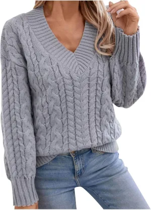 Womens Sweaters Fall 2024 Cable Knit Long Sleeve Crewneck Oversized Knitted Sweater Loose V Neck Chunky Pullover