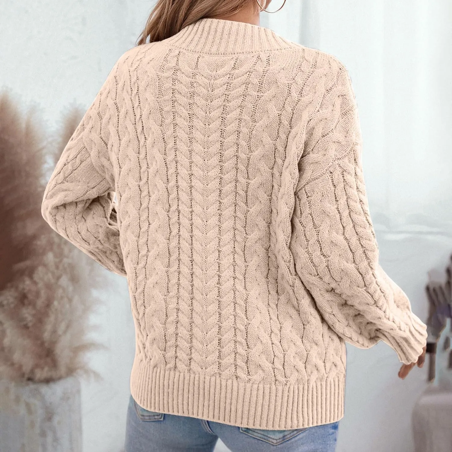 Womens Sweaters Fall 2024 Cable Knit Long Sleeve Crewneck Oversized Knitted Sweater Loose V Neck Chunky Pullover